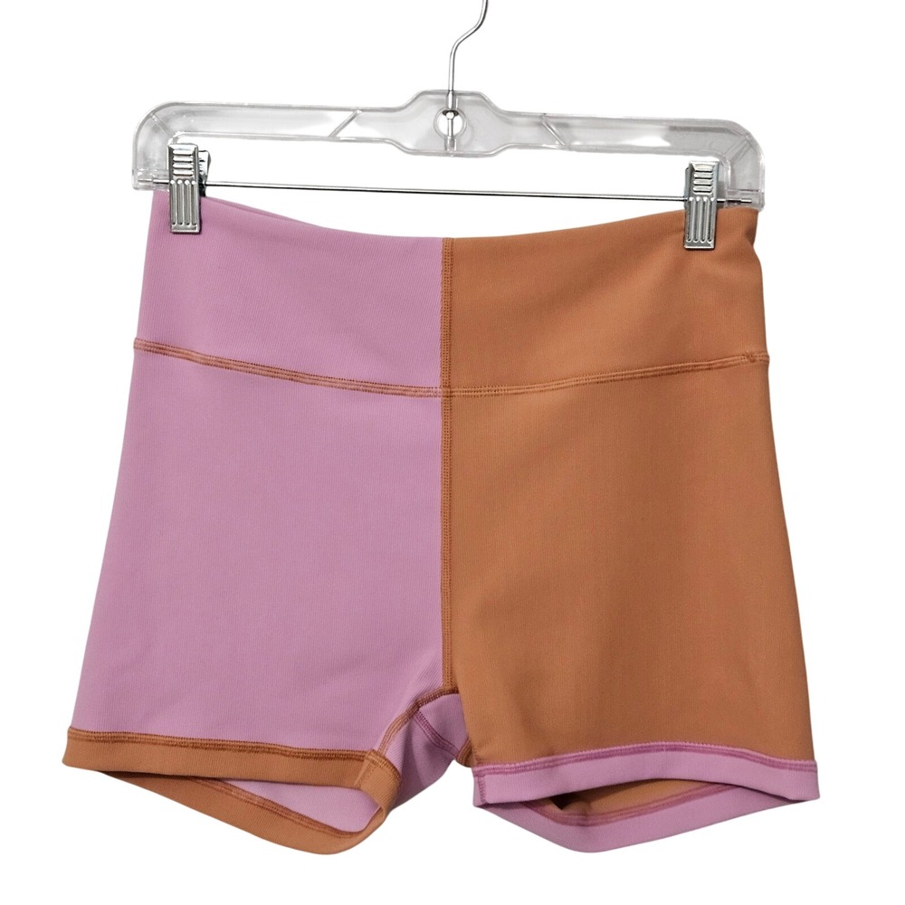 L Space Active Ribbed Colorblock High Waist Biker Shorts Pink Orange Large Yoga
